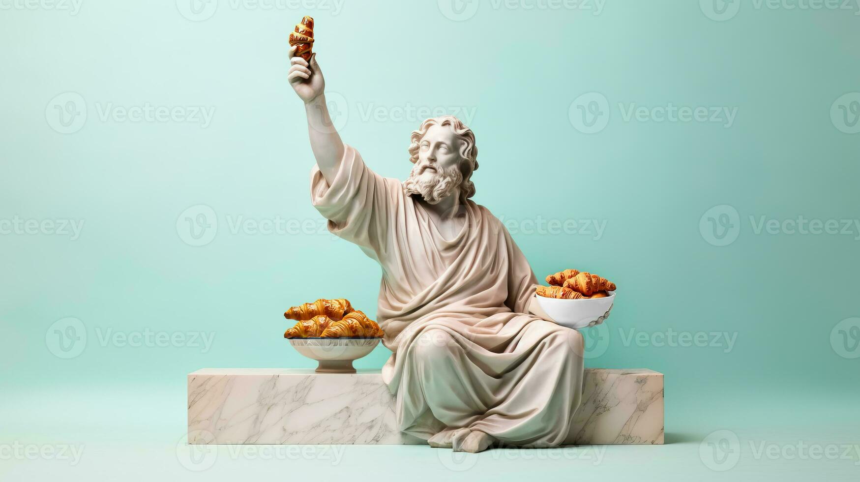 Art sculpture of ancient Italian from marble with a croissant isolated on a pastel background with a copy space photo