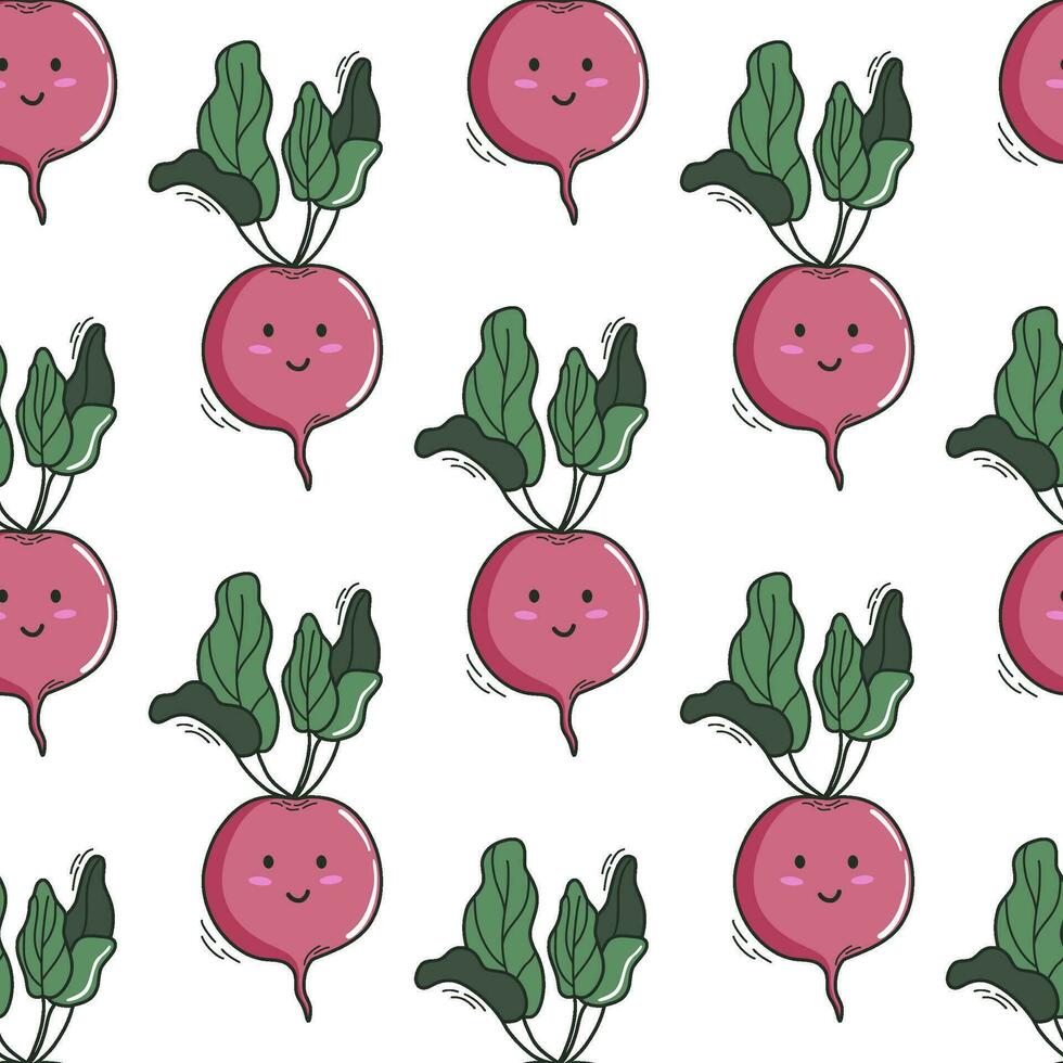 Beetroot seamless pattern. Doodle style kawaii vegetables background. Vegetarian healthy bio food, vegan organic eco products. Vector illustration.