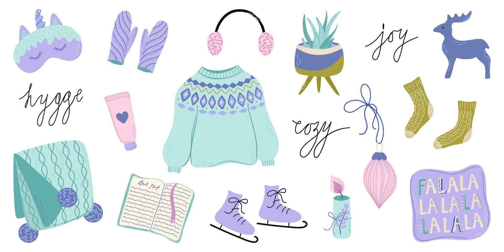 Set of hygge elements. Autumn and Winter comfortable lifestyle objects. Cozy home, Winter activities. Hand drawn flat style vector illustration.