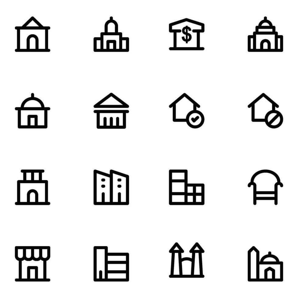 conjunto de edificios negrita línea íconos vector