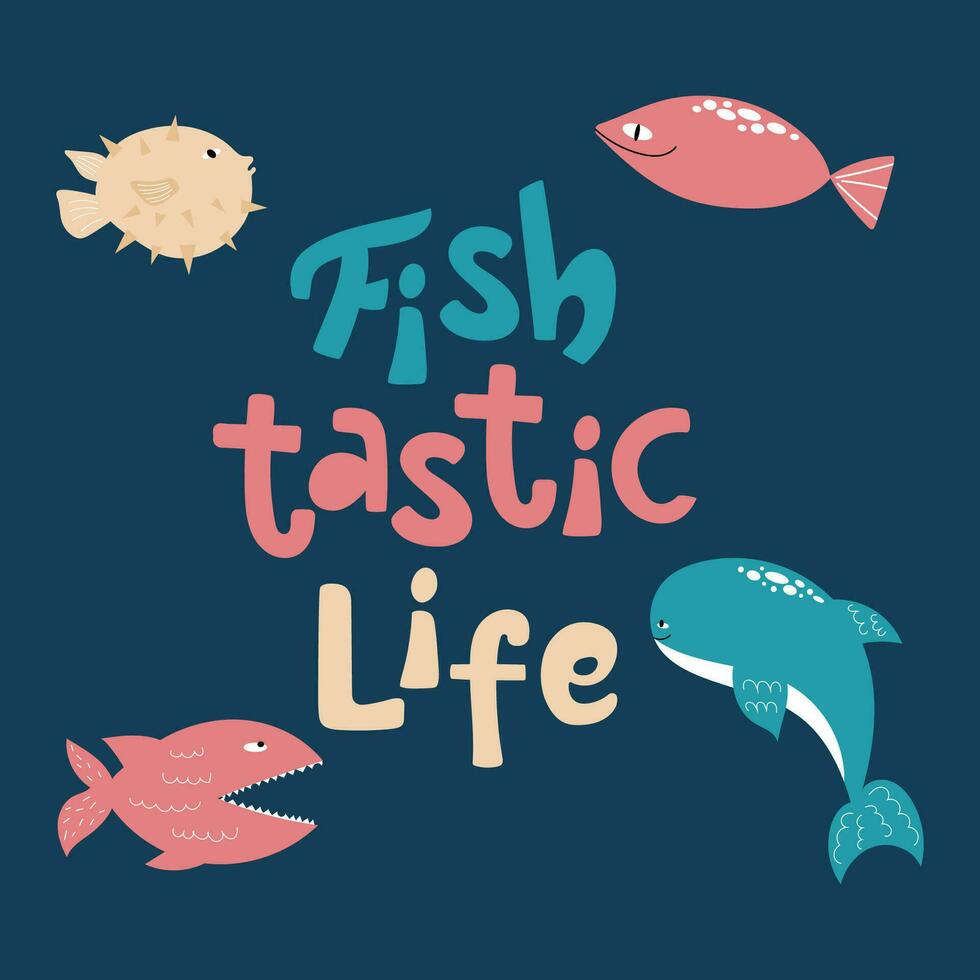 pescado fantástico vida gracioso letras composición con dibujado a mano peces vector ilustración en oscuro antecedentes.