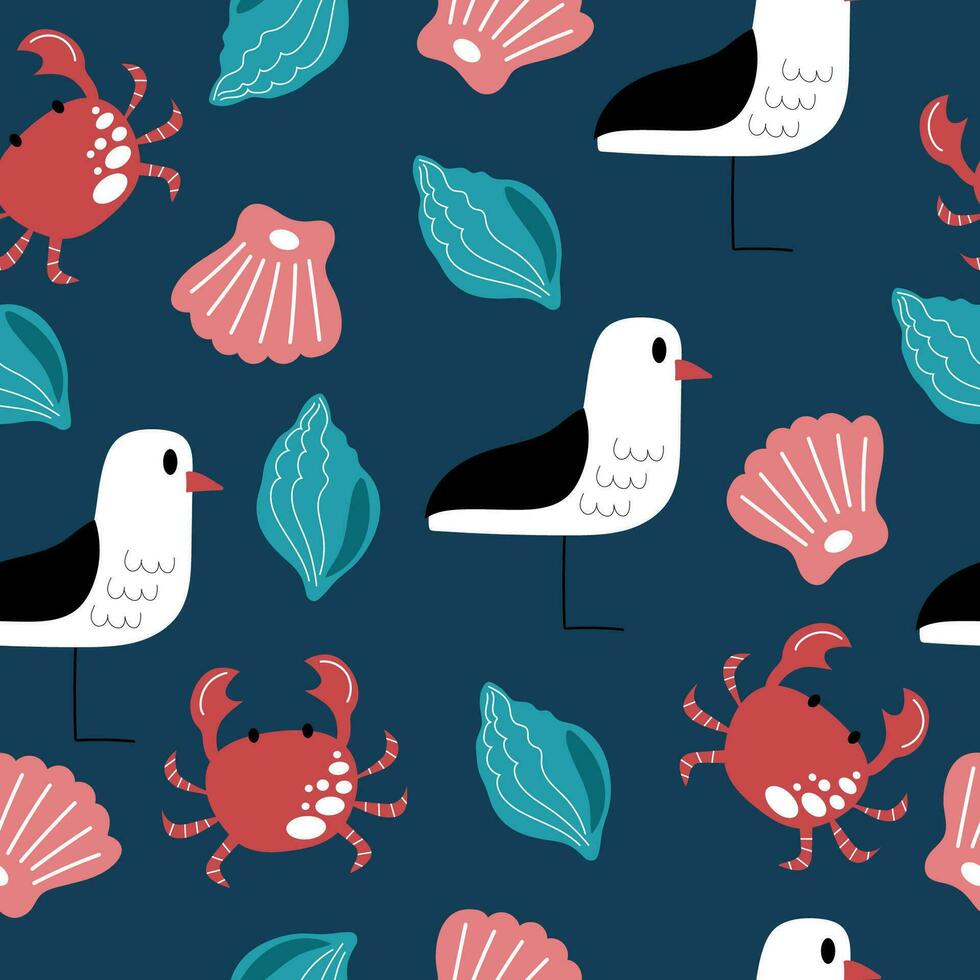 Handdrawn sea life pattern with crabs, seagulls and seashells. Colourful vector seamless design.