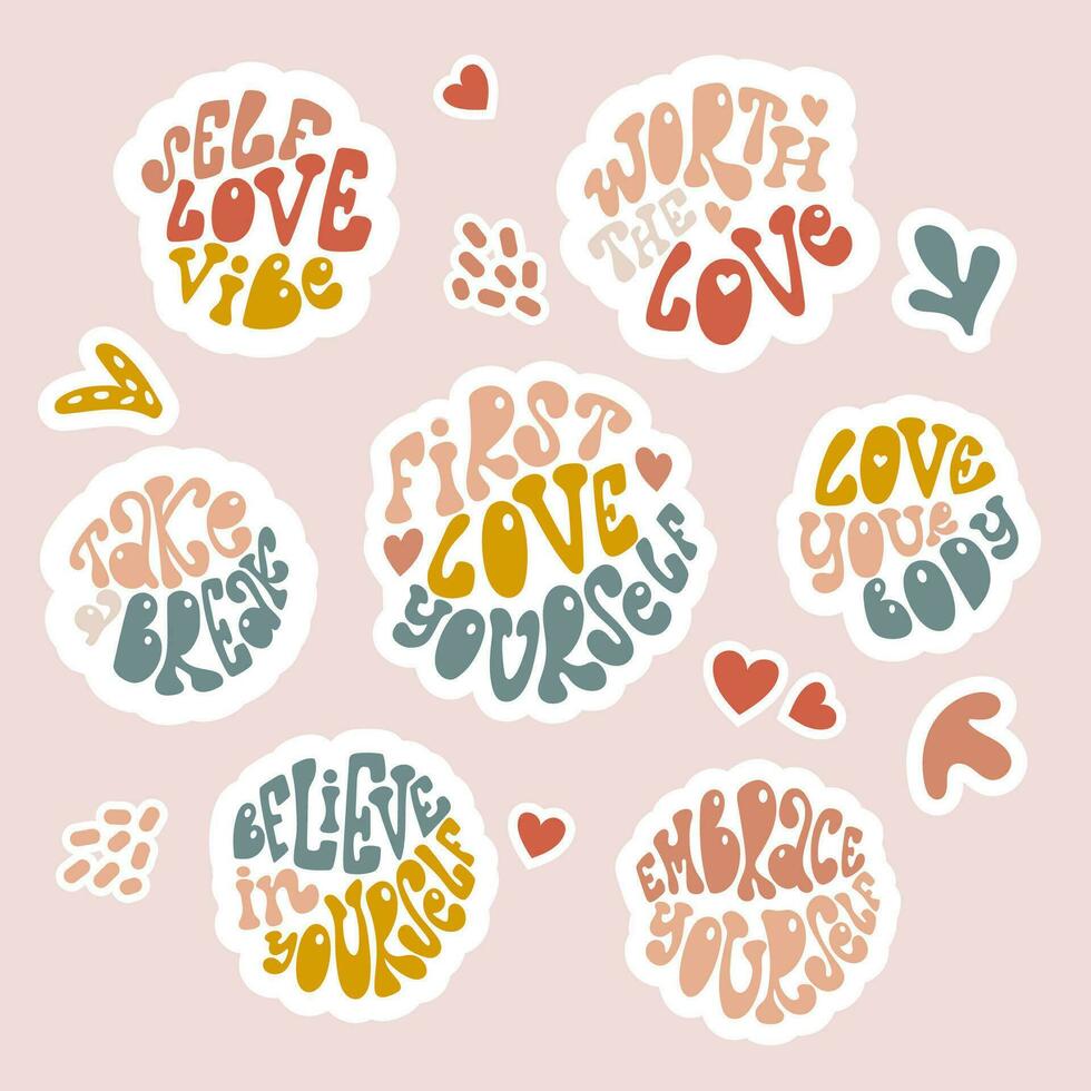Set of handdrawn lettering stickers about self love. Worth the love, love your body, take a break, embrace yourself. vector