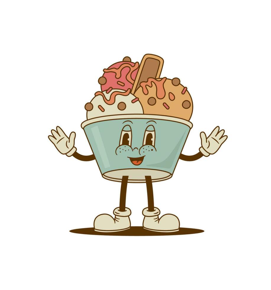 Retro cartoon funny  Ice cream character, cute mascot. Vintage street food vector illustration. Nostalgia 60s, 70s, 80s