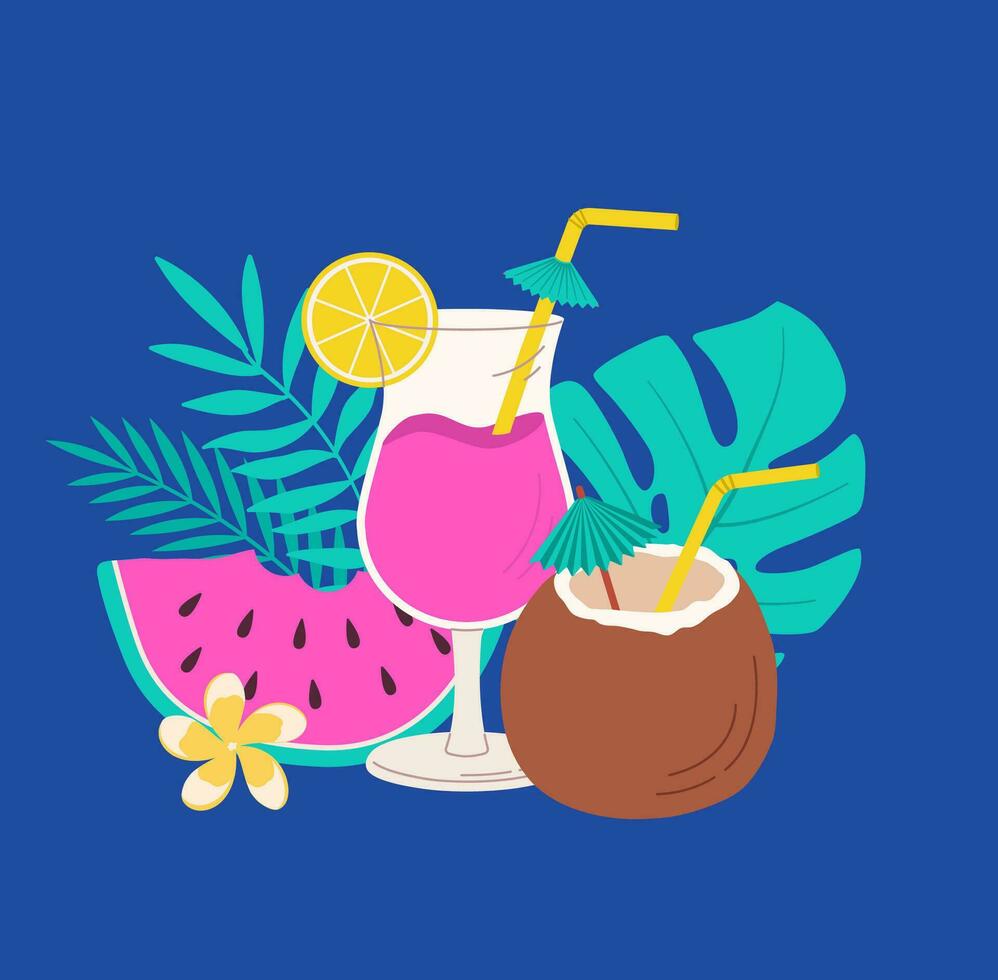 Coco cóctel, jugo vaso y sandía con tropical hojas vector ilustración. dibujos animados retro verano bebida y frutas en azul antecedentes. neón color. menú, bandera, impresión para bar, café