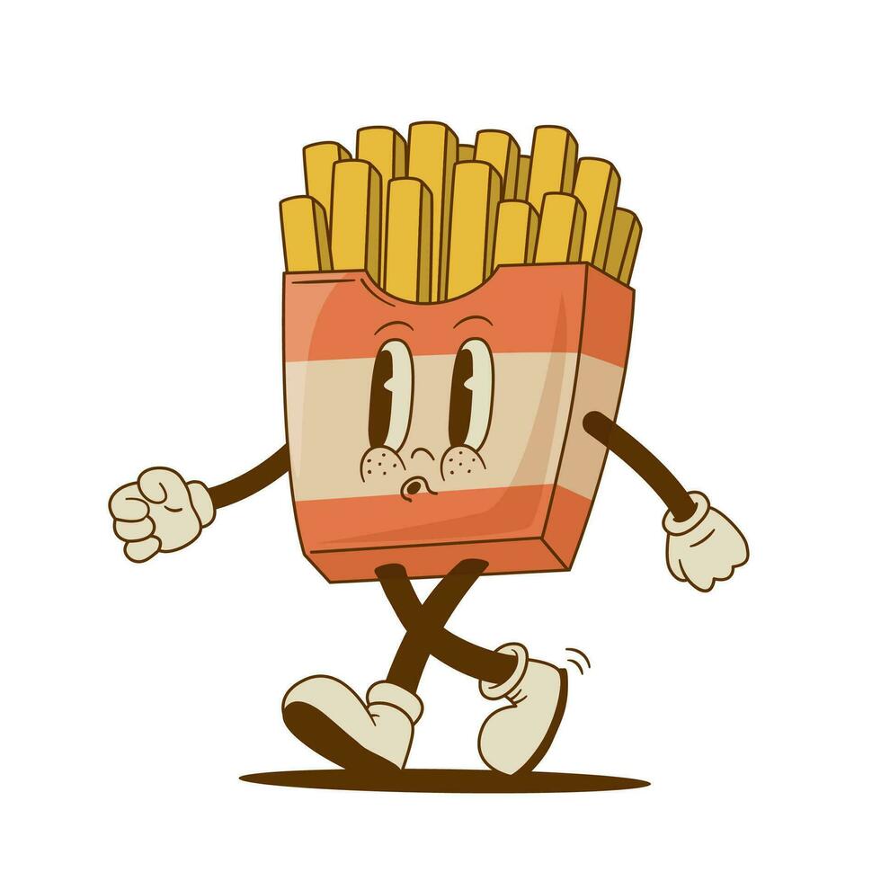 Retro cartoon cute french fries character. Vintage fast food mascot vector illustration. Nostalgia 60s, 70s, 80s