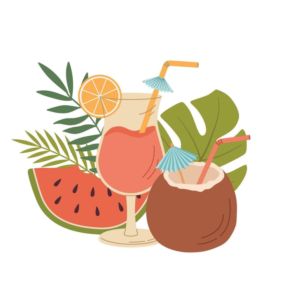 Coco cóctel, jugo vaso y sandía con tropical hojas vector ilustración. dibujos animados verano bebida y frutas en blanco antecedentes sano frío vegano bebida