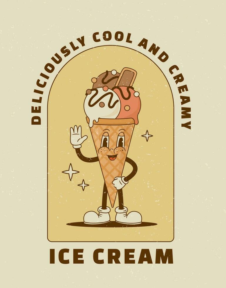 Retro cartoon Ice cream cone character in groove style. Vector illustration. Vintage sweet food mascot poster. Nostalgia 70s, 80s