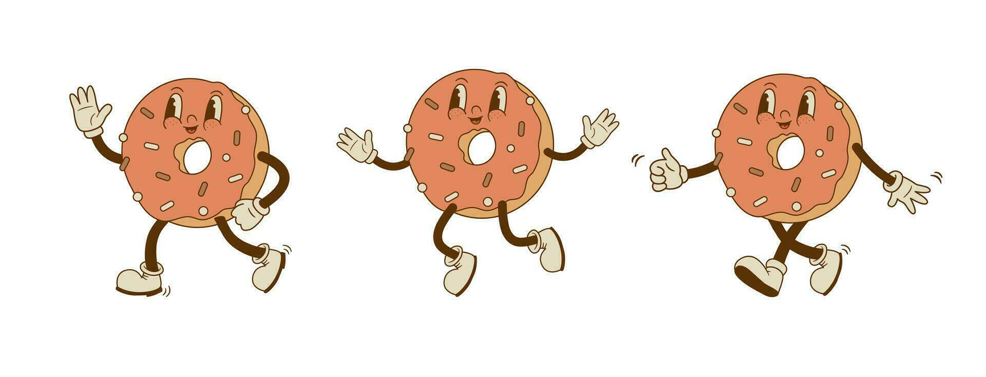 conjunto de retro dibujos animados gracioso rosquilla caracteres. panadería mascota. Clásico calle comida vector ilustración. nostalgia