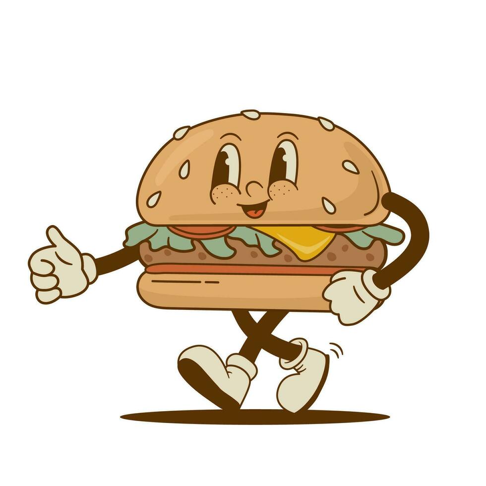 Retro cartoon funny burger characters, mascot. Vintage fast food hamburger vector illustration. Nostalgia