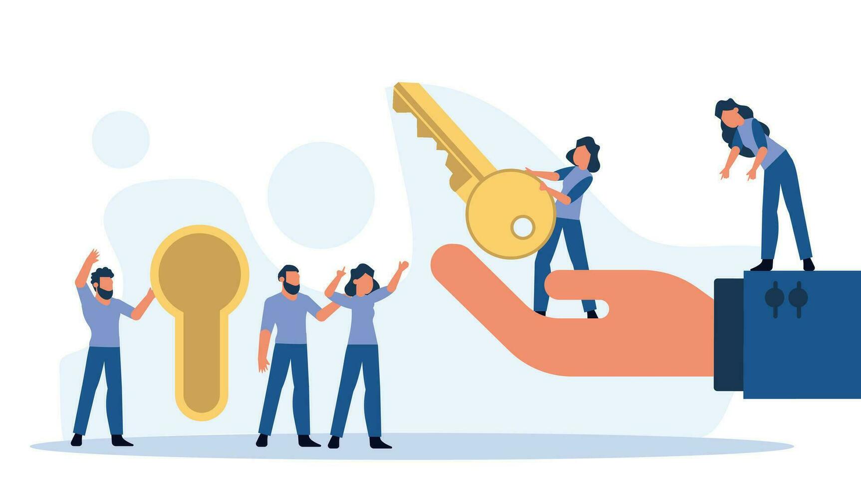 Key achievement business takeaway concept vector illustration success solution. Strategy creative hand leadership plan with keyhole. Lock process target banner motivation. Unlock kpi security system