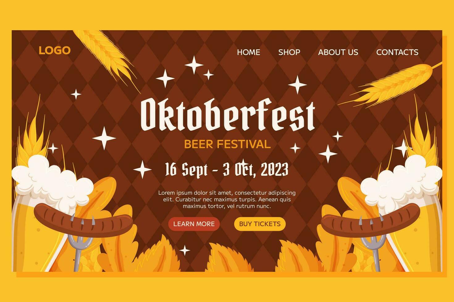 Oktoberfest German beer festival Landing template design. Design with glass of beer, forks with grilled sausage, wheat and leaves, black and yellow garland. Rhombus pattern on back vector