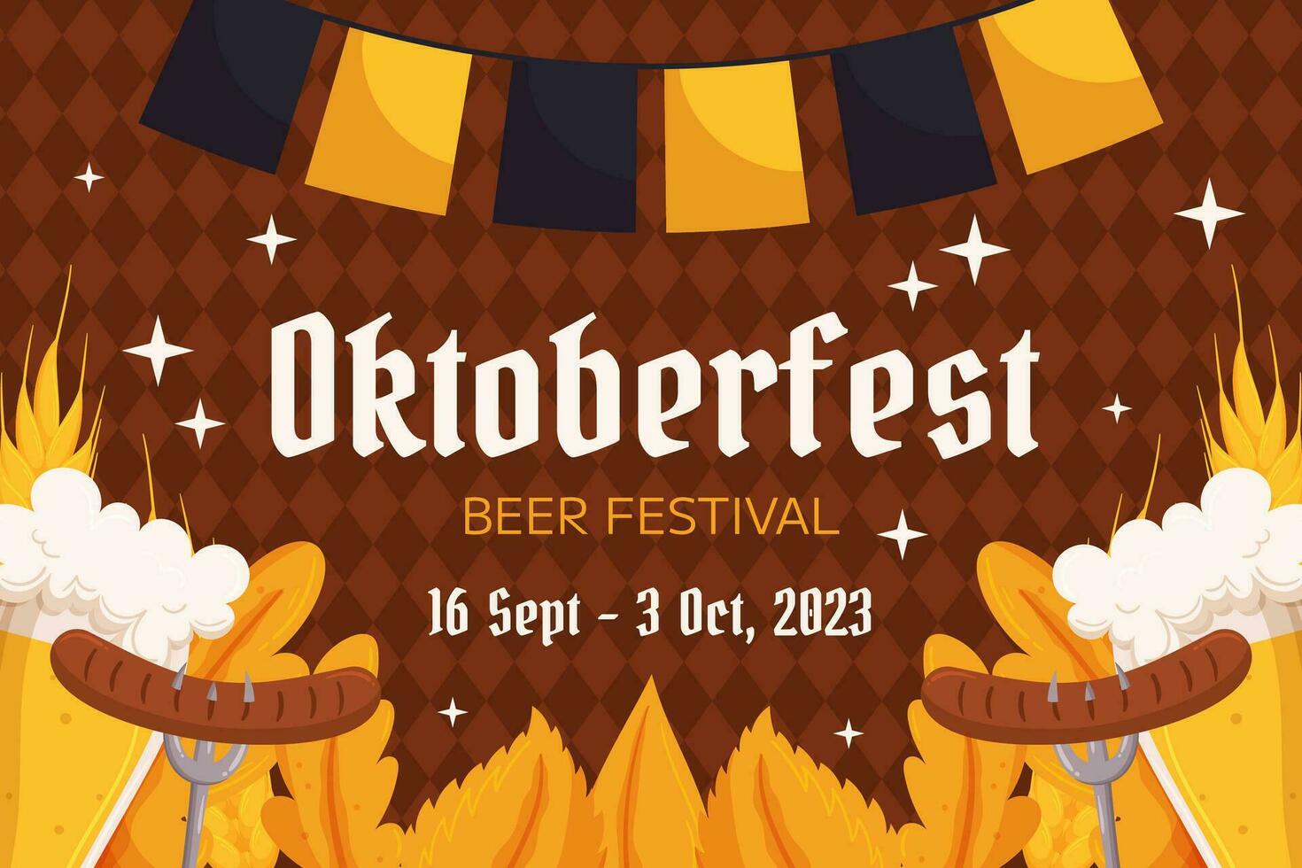 Oktoberfest German beer festival background. Design with glass of beer, forks with grilled sausage, wheat and leaves, black and yellow garland. Rhombus pattern on back vector