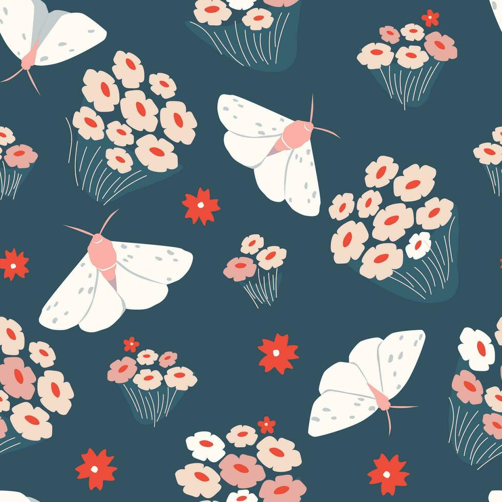 Seamless abstract pattern with flowers, plants, butterflies. Summer abstract print with bouquets. Vector graphics.