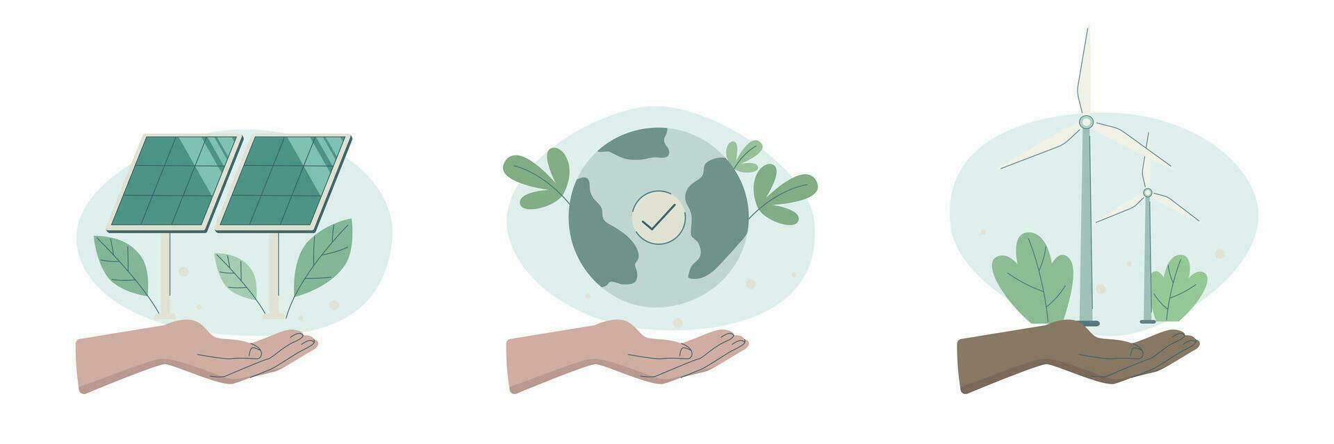 Eco friendly sustainable, Set of caring characters hands holding earth, solar panels and wind turbines, preservation of ecology of planet, vector