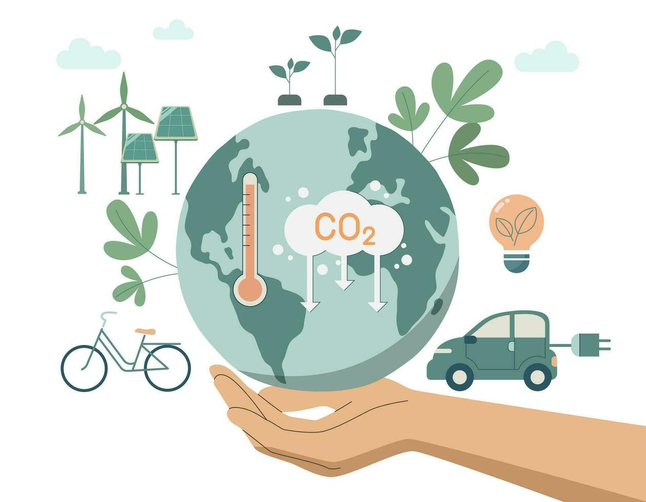 caracteres manos participación planeta tierra, desarrollando sostenible co2 conceptos, utilizando limpiar energía, sostenible ambiental gestión. vector