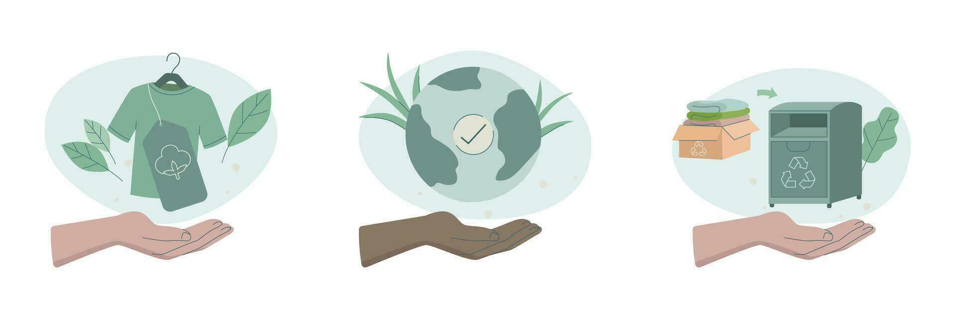 eco simpático sostenible, conjunto de cuidando caracteres manos participación tierra, orgánico algodón tela y reciclaje textil, preservación de ecología de planeta, vector