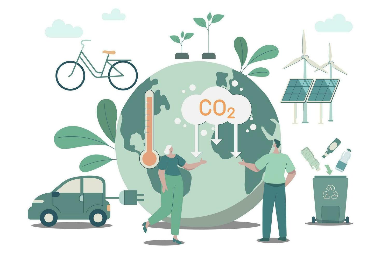 desarrollando sostenible co2 conceptos, utilizando limpiar energía, sostenible ambiental gestión. clima cambio problema concepto. vector diseño ilustración.