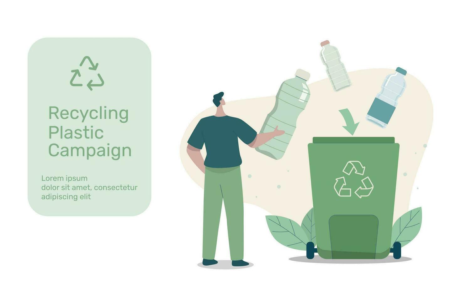 Eco friendly sustainable, Recycling plastic campaign, Characters throw plastic bottles into the recycling bin, recycle, reduce, reuse, Vector design illustration.