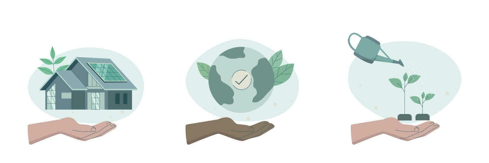Eco friendly sustainable, Set of caring characters hands holding earth, Smart Eco House and plant a tree, preservation of ecology of planet, vector
