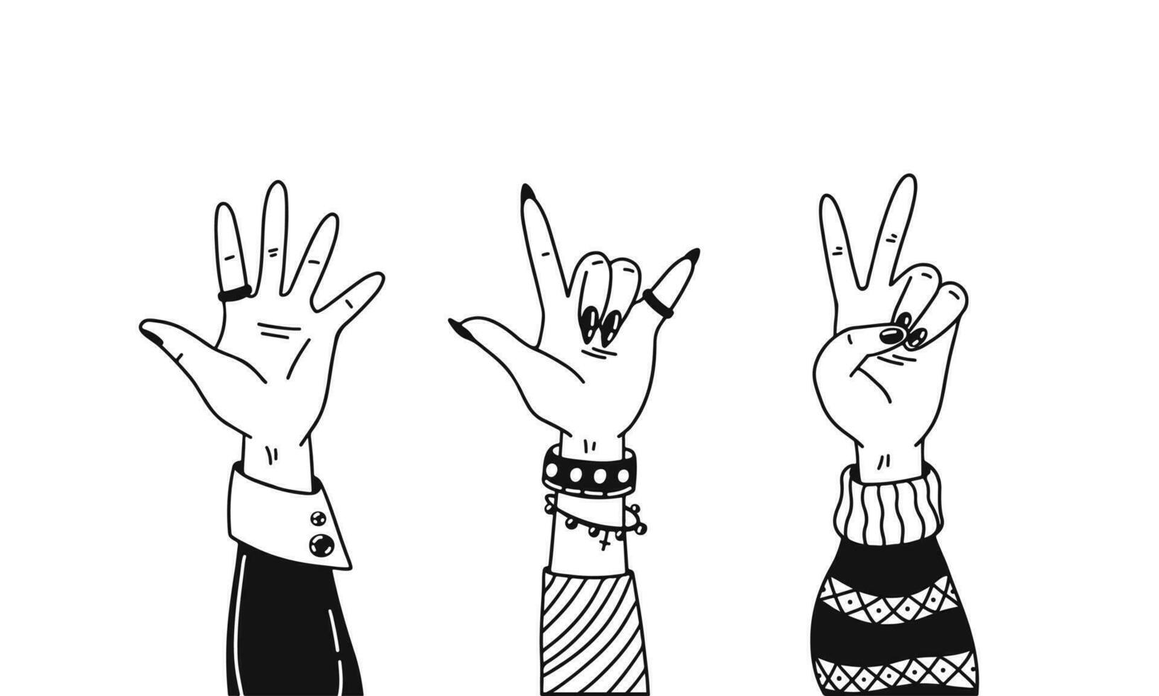 vector illustration set of hands with gesture in doodle style,