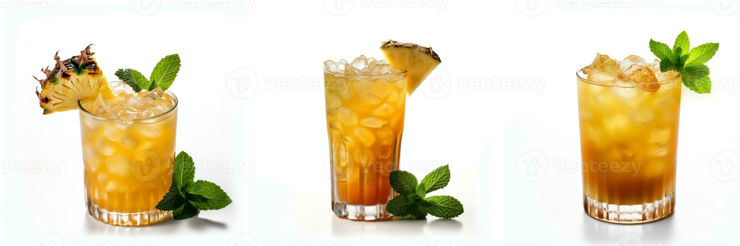 Mai tai cocktail set with pineapple and ice cubes isolated on white background. photo