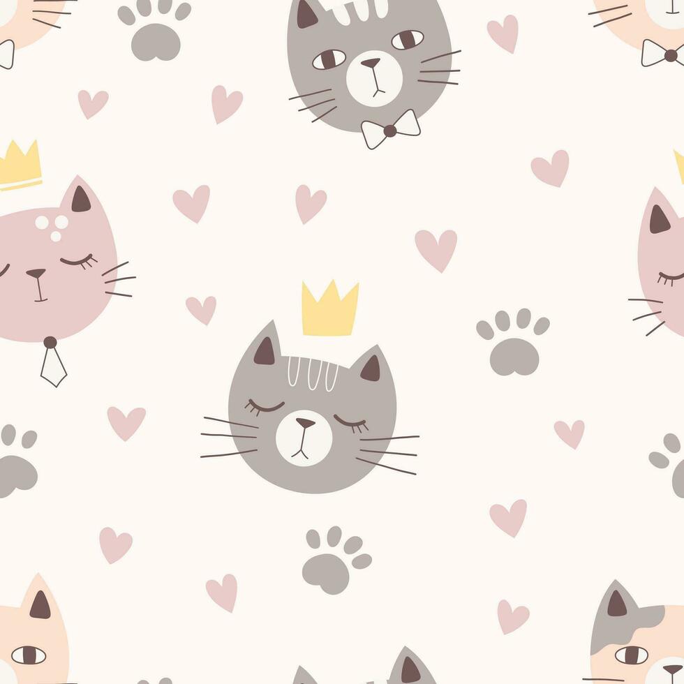 seamless pattern with cute cats, paws and hearts in doodle style in grey-pink tones vector