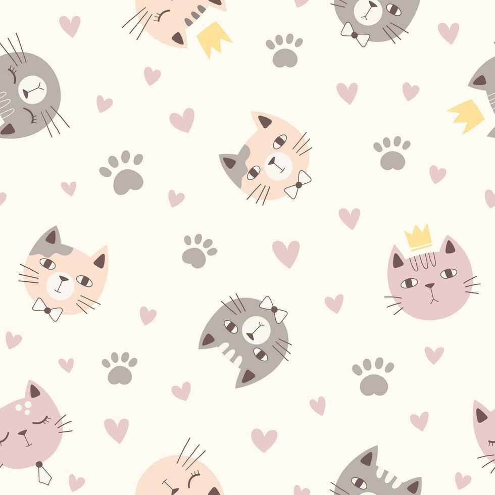 trendy seamless pattern with cute cats in pastel gray and pink vector