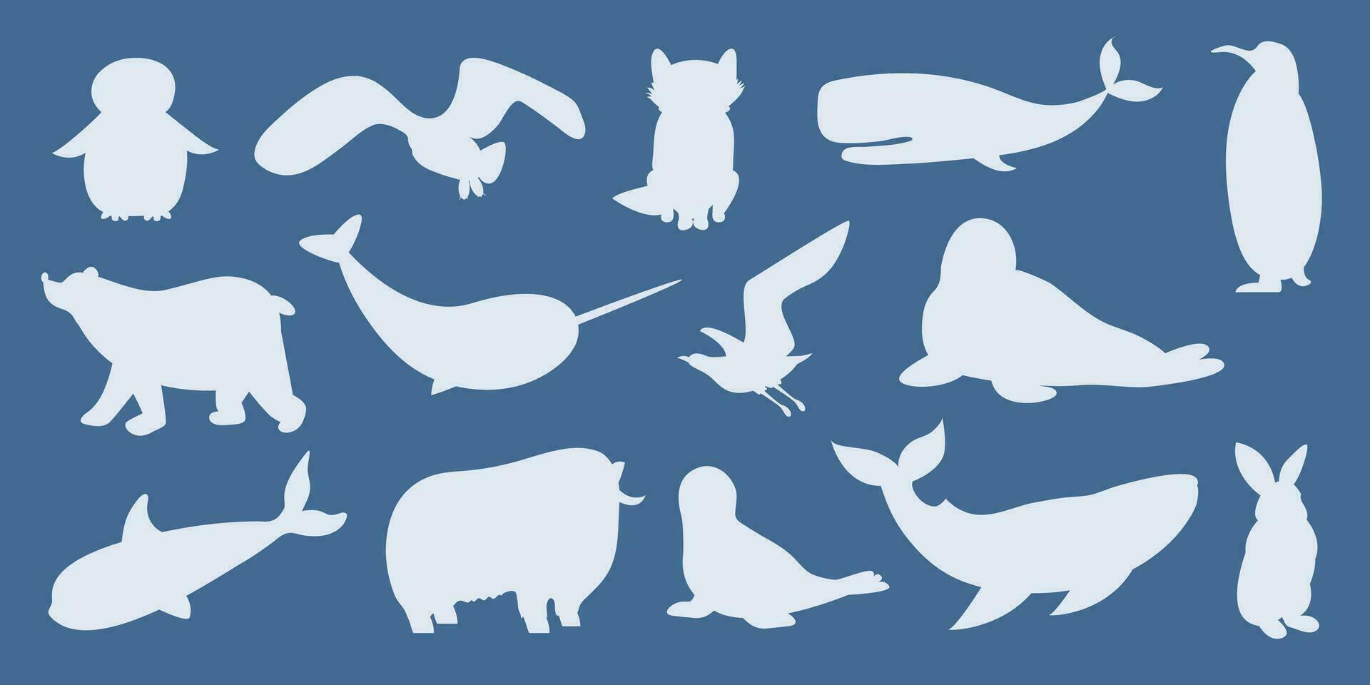Vector set of silhouettes of polar animals, marine mammals and birds. Whale, narwhal, walrus, polar owl, polar bear, penguins. Vector illustration in flat style. Banner, poster. Isolated objects.