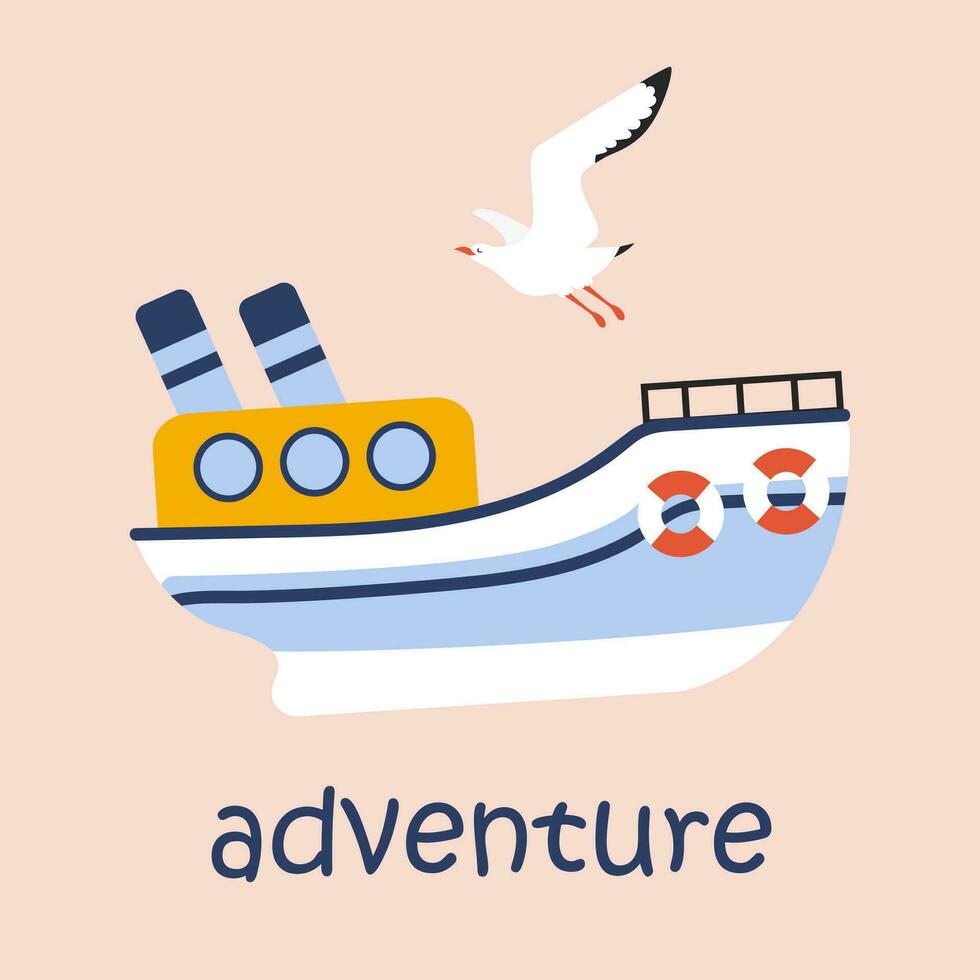 Cute ship and seagull. Adventure. Sea voyage. Idea for a greeting card. Vector illustration. Pink isolated background.