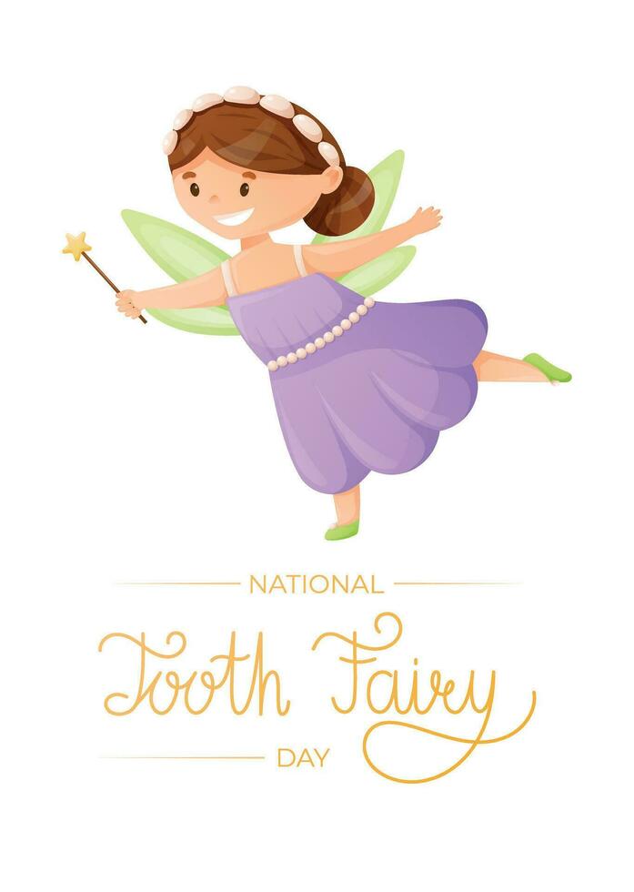 International world holiday Tooth Fairy Day. Childish cartoon vector banner or poster. Cute magical girl princess with a magic wand and wings.