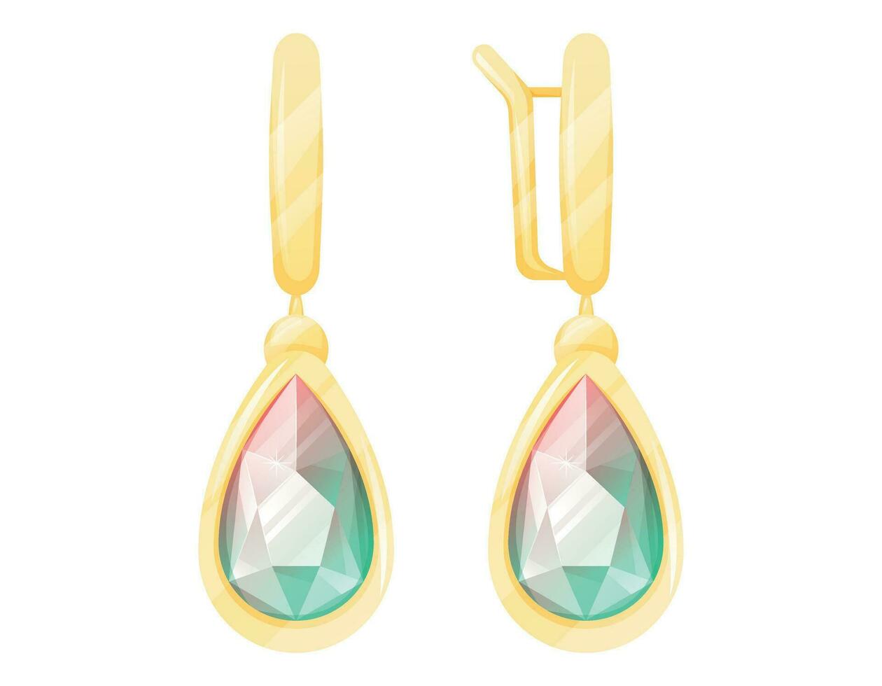 Expensive gold earrings with emerald gemstone. Vector isolated cartoon female royal jewelry.