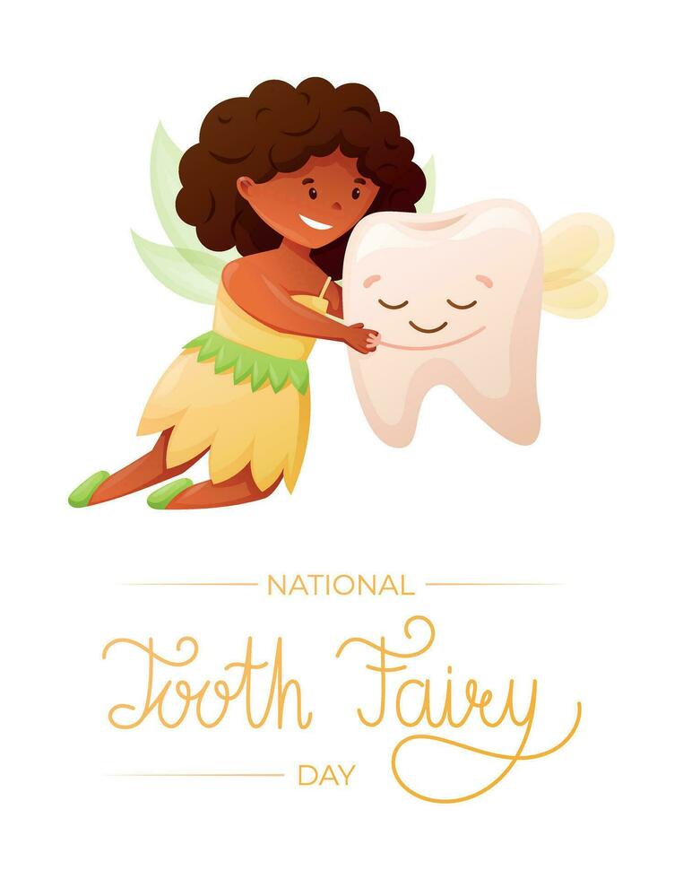 International world holiday Tooth Fairy Day. Childish cartoon vector banner or poster. Cute magical girl princess with wings hugging a tooth.