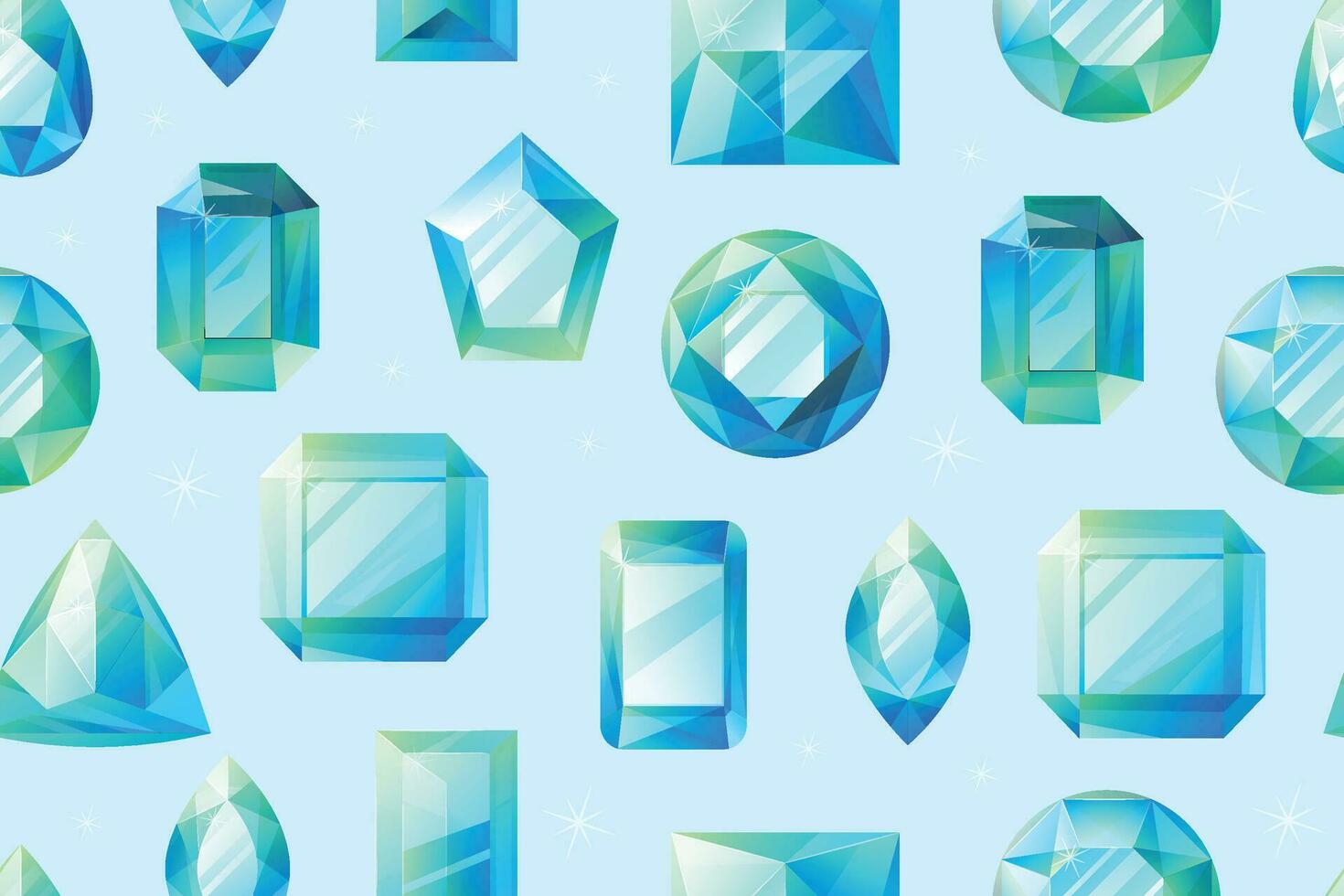 Luxurious expensive gems, diamonds and blue emeralds. Vector cartoon seamless shining pattern with precious jewelry.