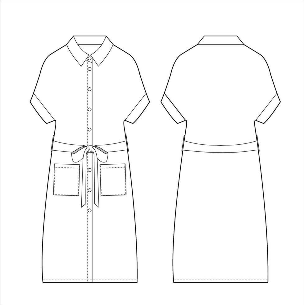 Long shirt dress flat sketch template for women vector