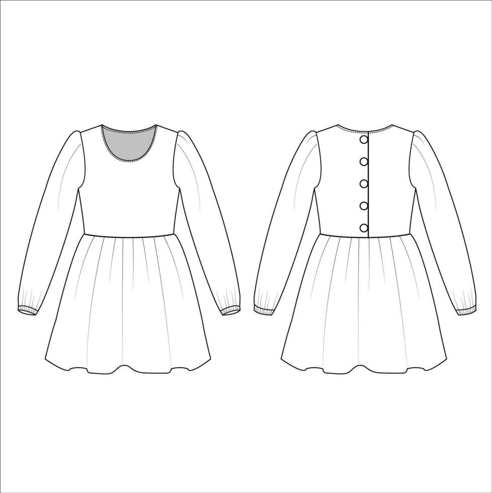 Full Sleeve Mini Dress CAD Template vector