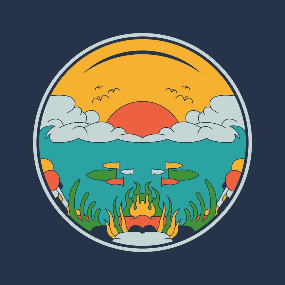 Oceano mar pescado pájaro y puesta de sol cielo vector Arte ilustración con retro color