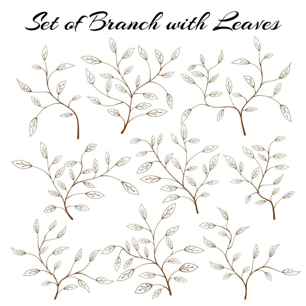 Set of silhouette branches with leaves. hand drawn of branch and leaf. Set of branches with leaves. hand drawn leaves. hand drawn leaf. vector