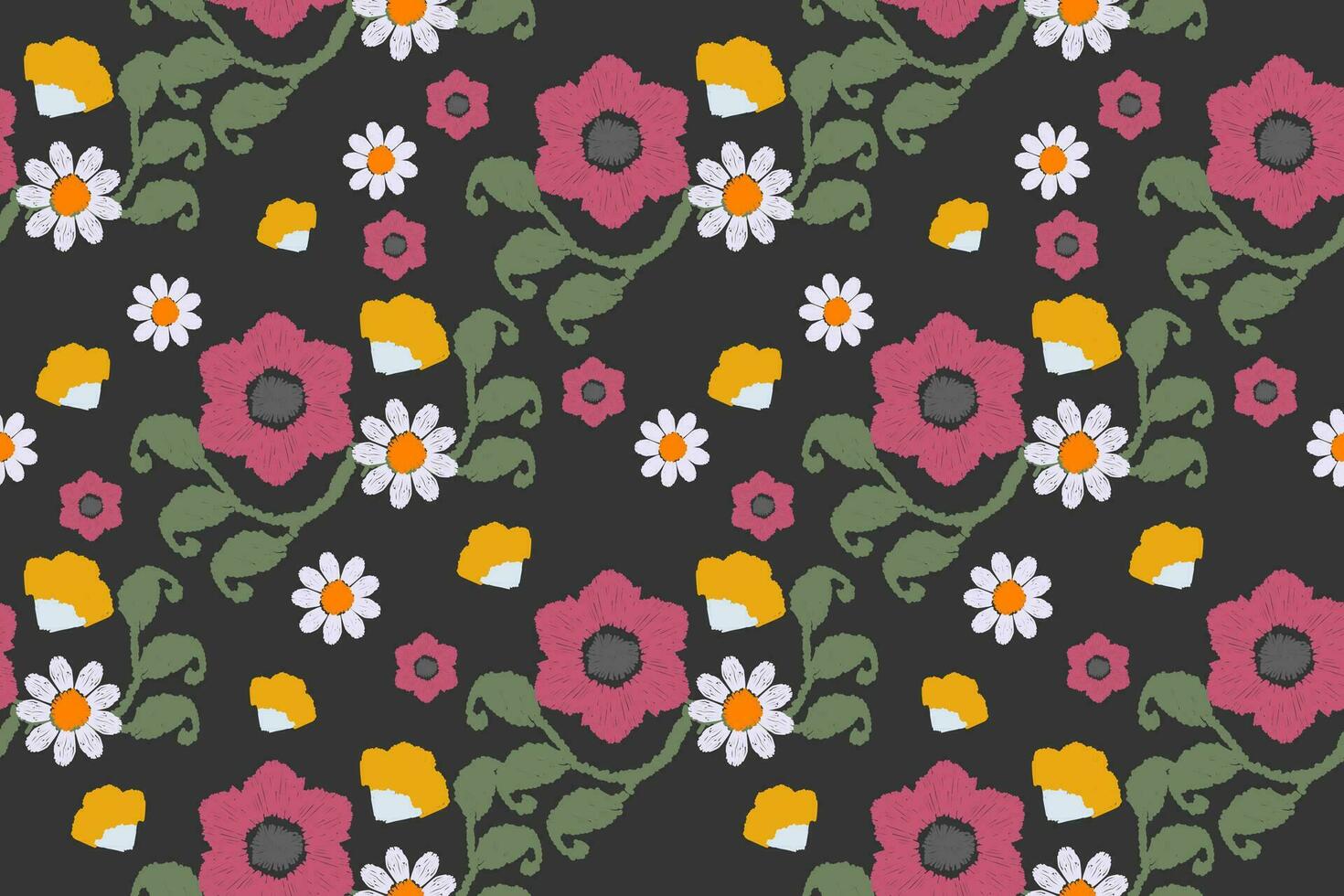 Ikat floral embroidery pattern on black background. Traditional ikat, Aztec abstract vector pattern, seamless pattern in tribal, folk embroidery and mexican style.