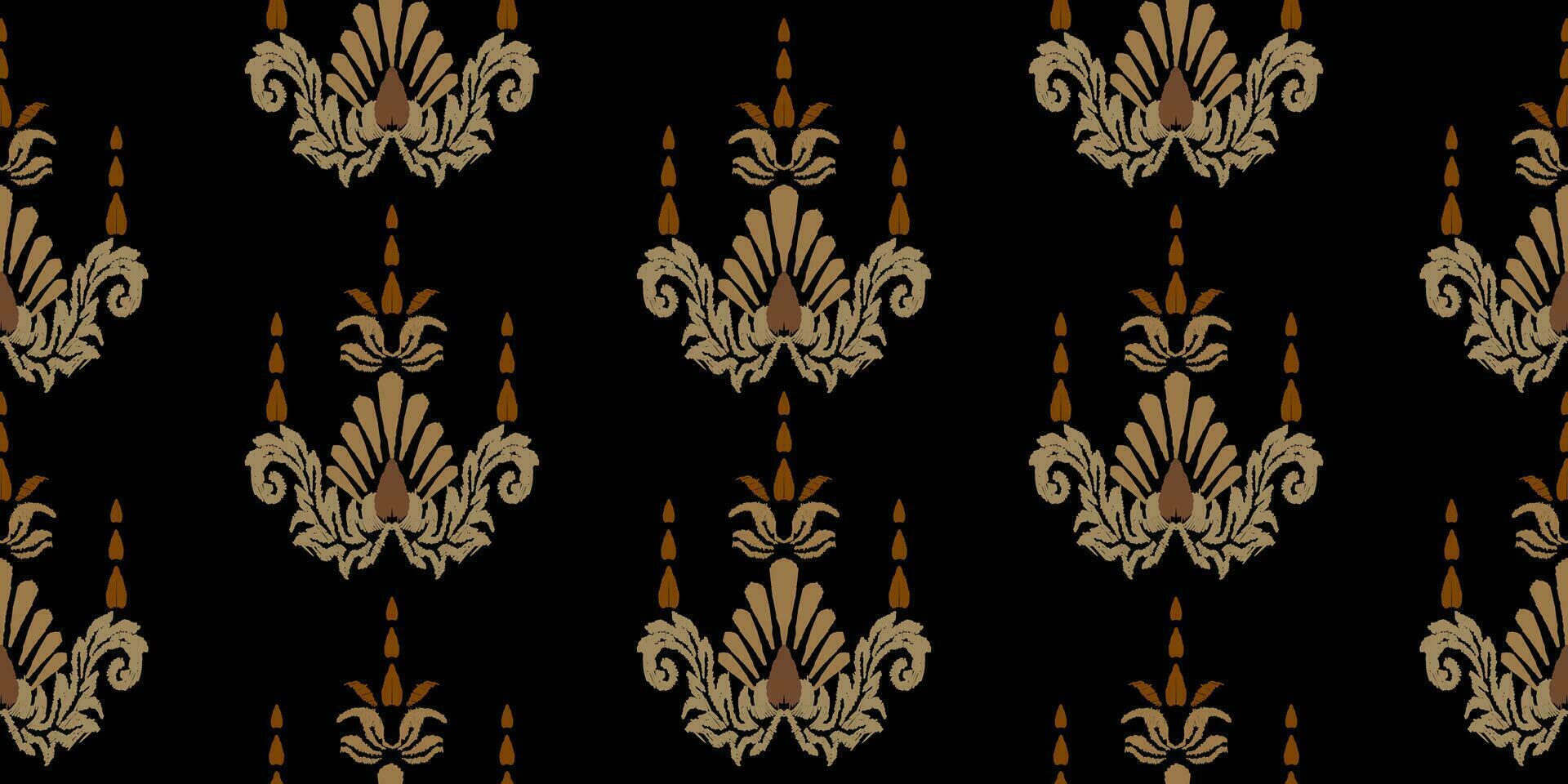 Ikat floral embroidery pattern on black background. Traditional ikat, Aztec abstract vector pattern, seamless pattern in tribal, folk embroidery and mexican style.