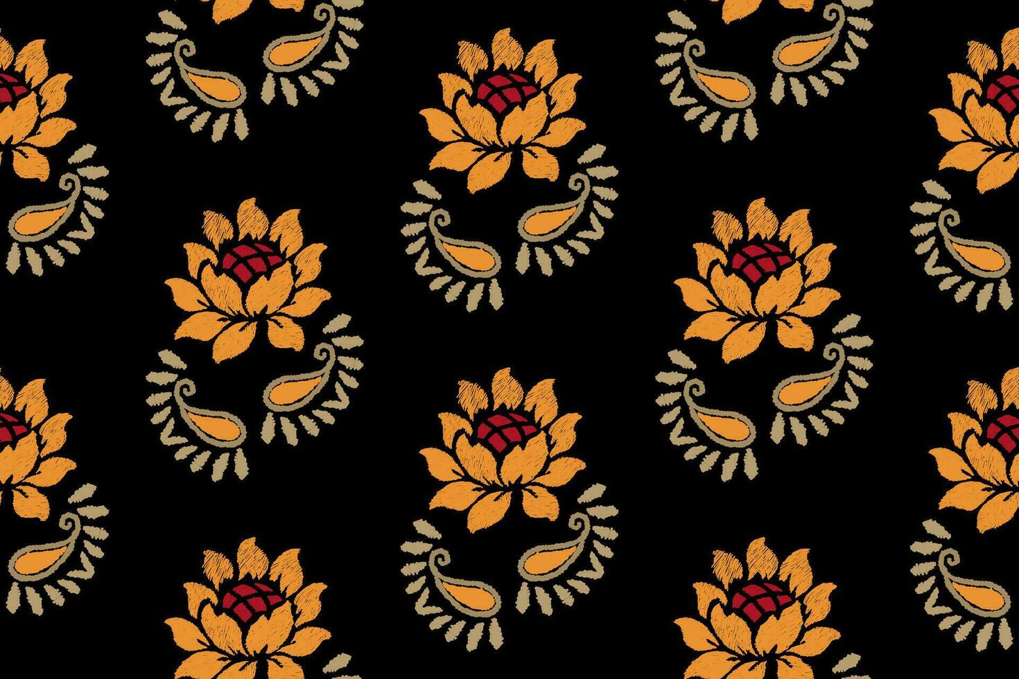 Ikat floral embroidery pattern on black background. Traditional ikat, Aztec abstract vector pattern, seamless pattern in tribal, folk embroidery and mexican style.