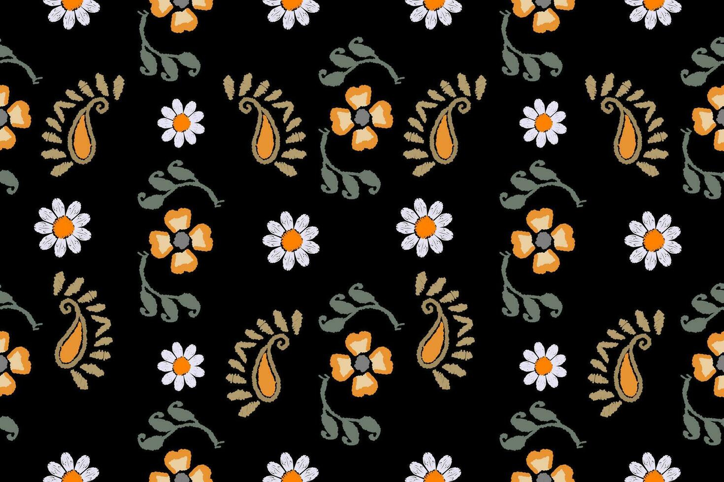 Ikat floral embroidery pattern on black background. Traditional ikat, Aztec abstract vector pattern, seamless pattern in tribal, folk embroidery and mexican style.