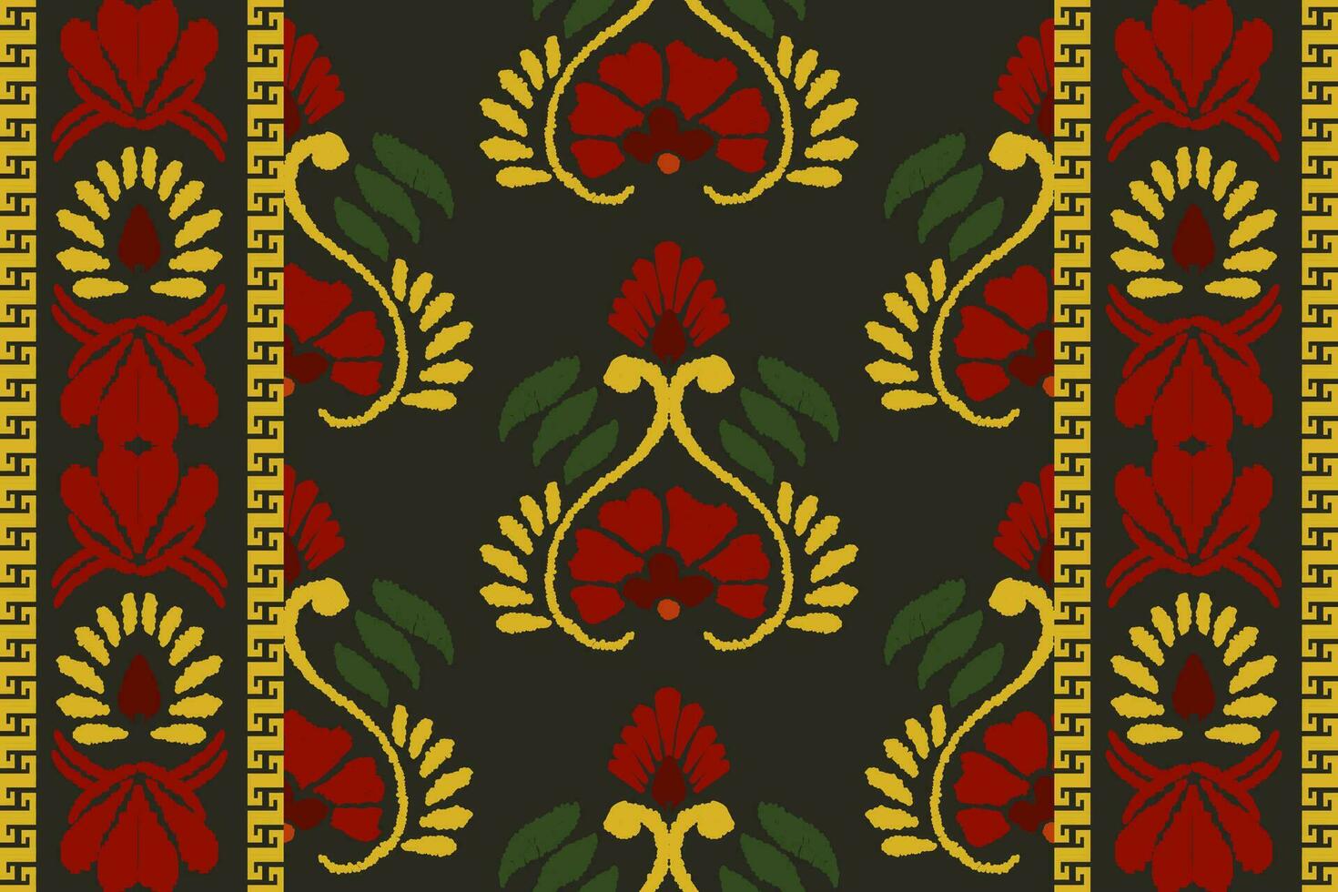 Ikat floral embroidery pattern on black background. Traditional ikat, aztec abstract vector pattern, seamless pattern in tribal, folk embroidery and mexican style.