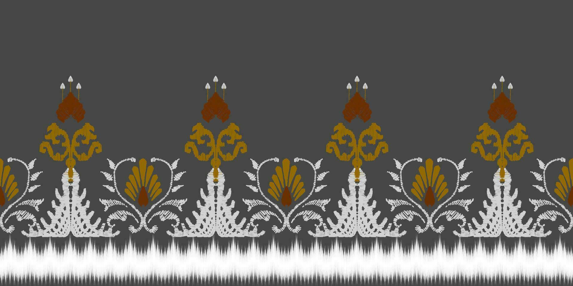 Ikat floral embroidery pattern on black background. Traditional ikat, aztec abstract vector pattern, seamless pattern in tribal, folk embroidery and mexican style.