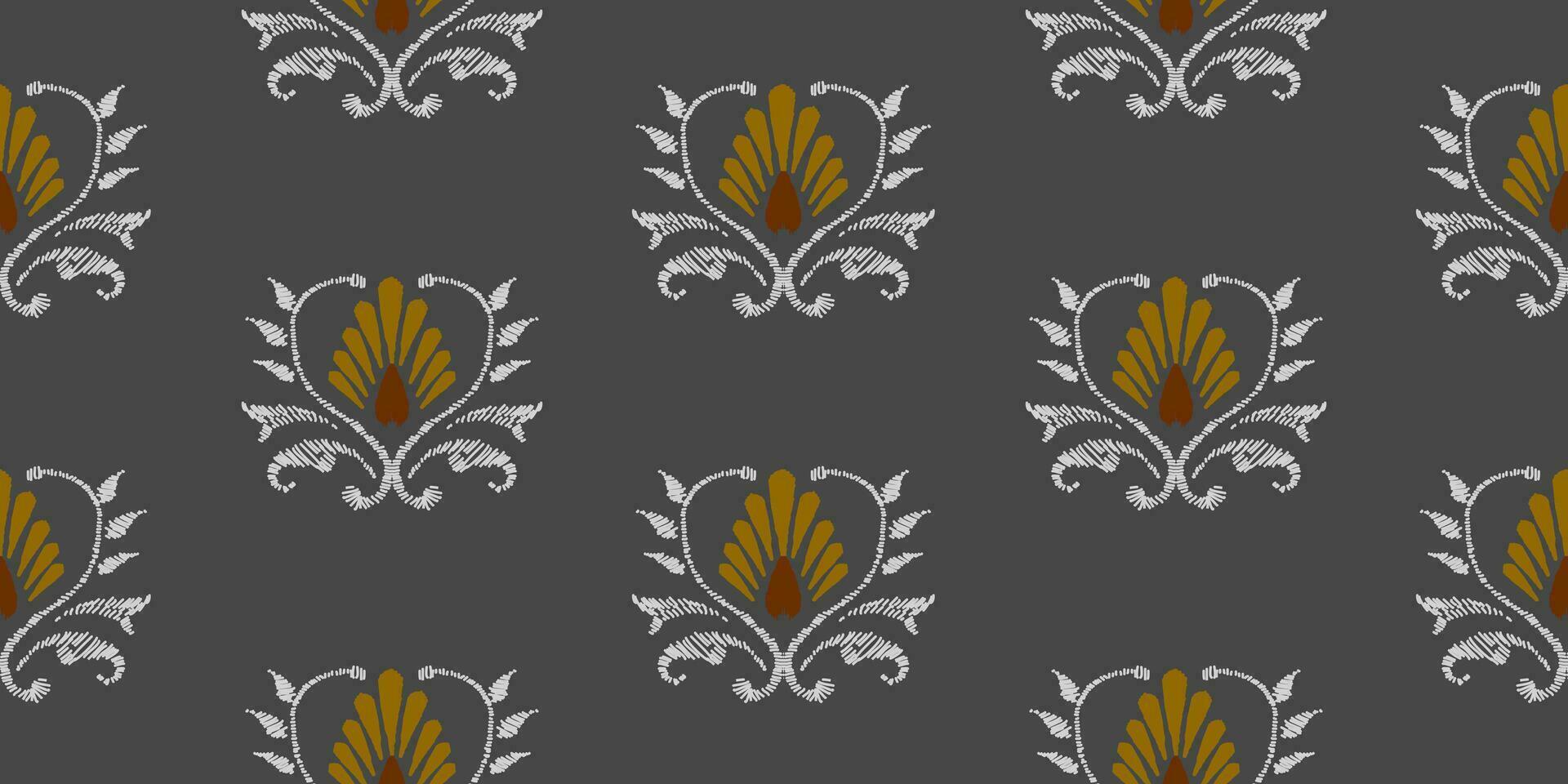 Ikat floral embroidery pattern on black background. Traditional ikat, aztec abstract vector pattern, seamless pattern in tribal, folk embroidery and mexican style.