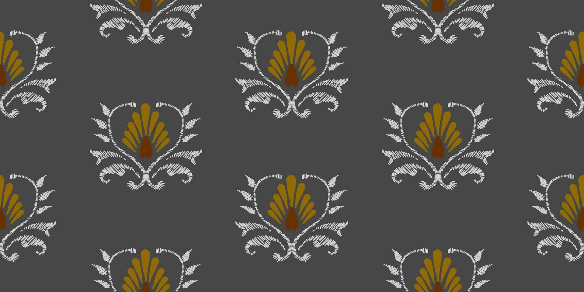 Ikat floral embroidery pattern on black background. Traditional ikat, aztec abstract vector pattern, seamless pattern in tribal, folk embroidery and mexican style.