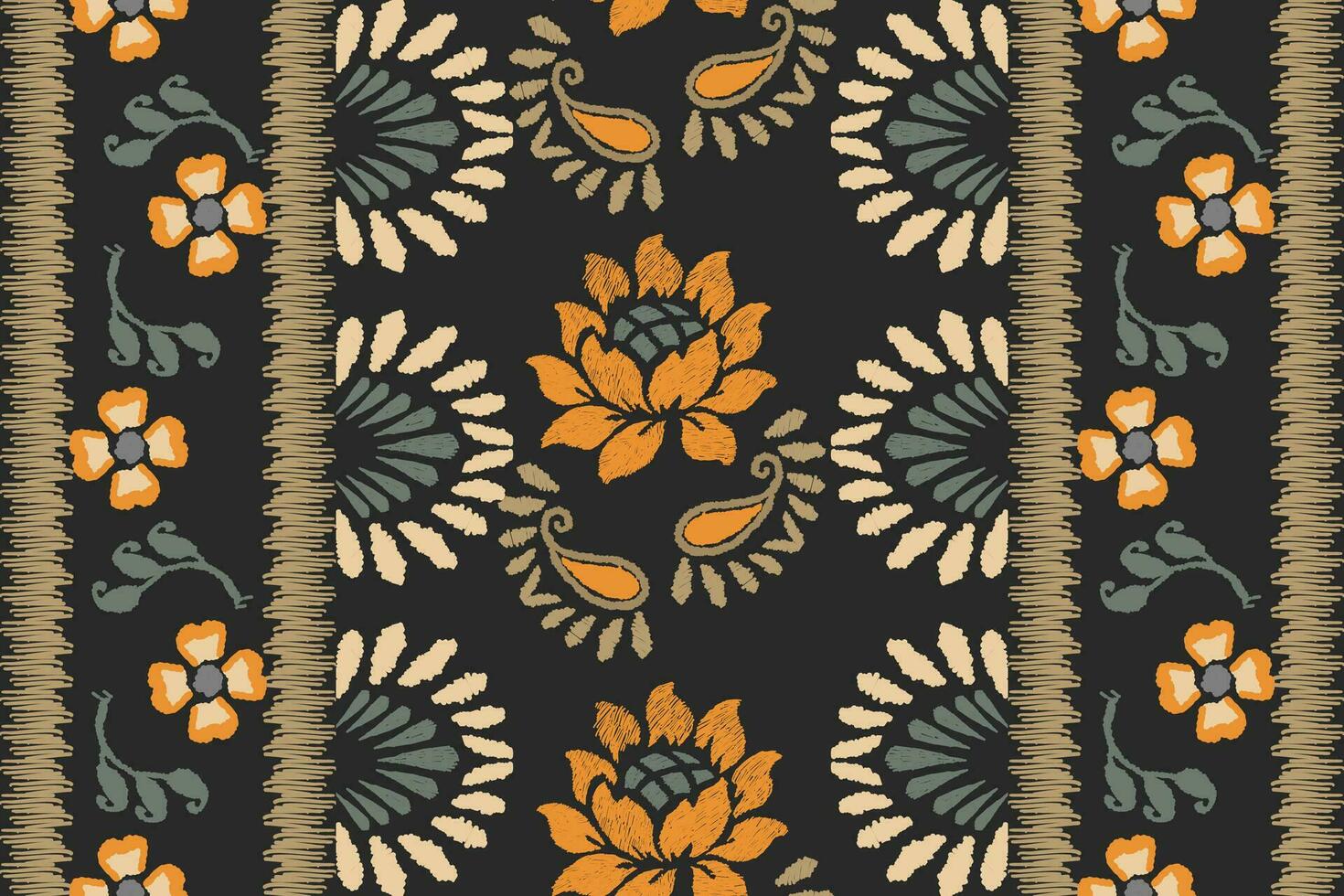 Ikat floral embroidery pattern on black background. Traditional ikat, Aztec abstract vector pattern, seamless pattern in tribal, folk embroidery and mexican style.