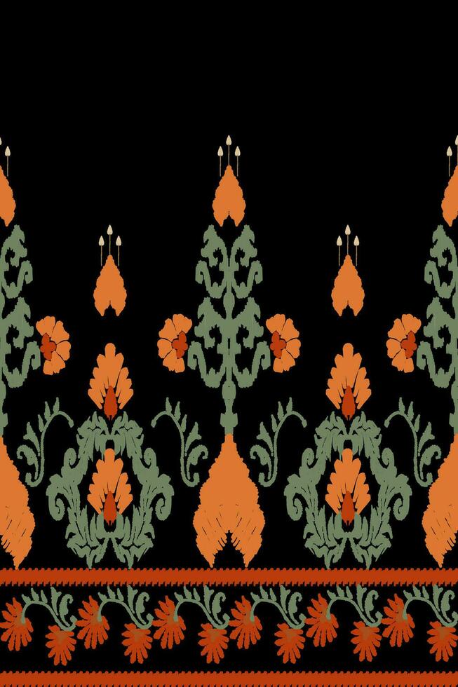 Ikat floral embroidery pattern on black background. Traditional ikat, aztec abstract vector pattern, seamless pattern in tribal, folk embroidery and mexican style.