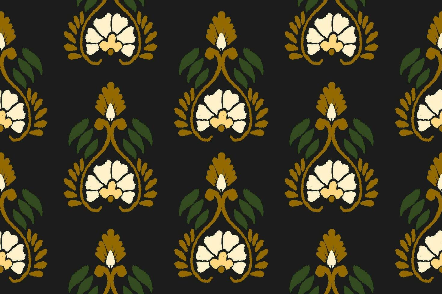 Ikat floral embroidery pattern on black background. Traditional ikat, aztec abstract vector pattern, seamless pattern in tribal, folk embroidery and mexican style.