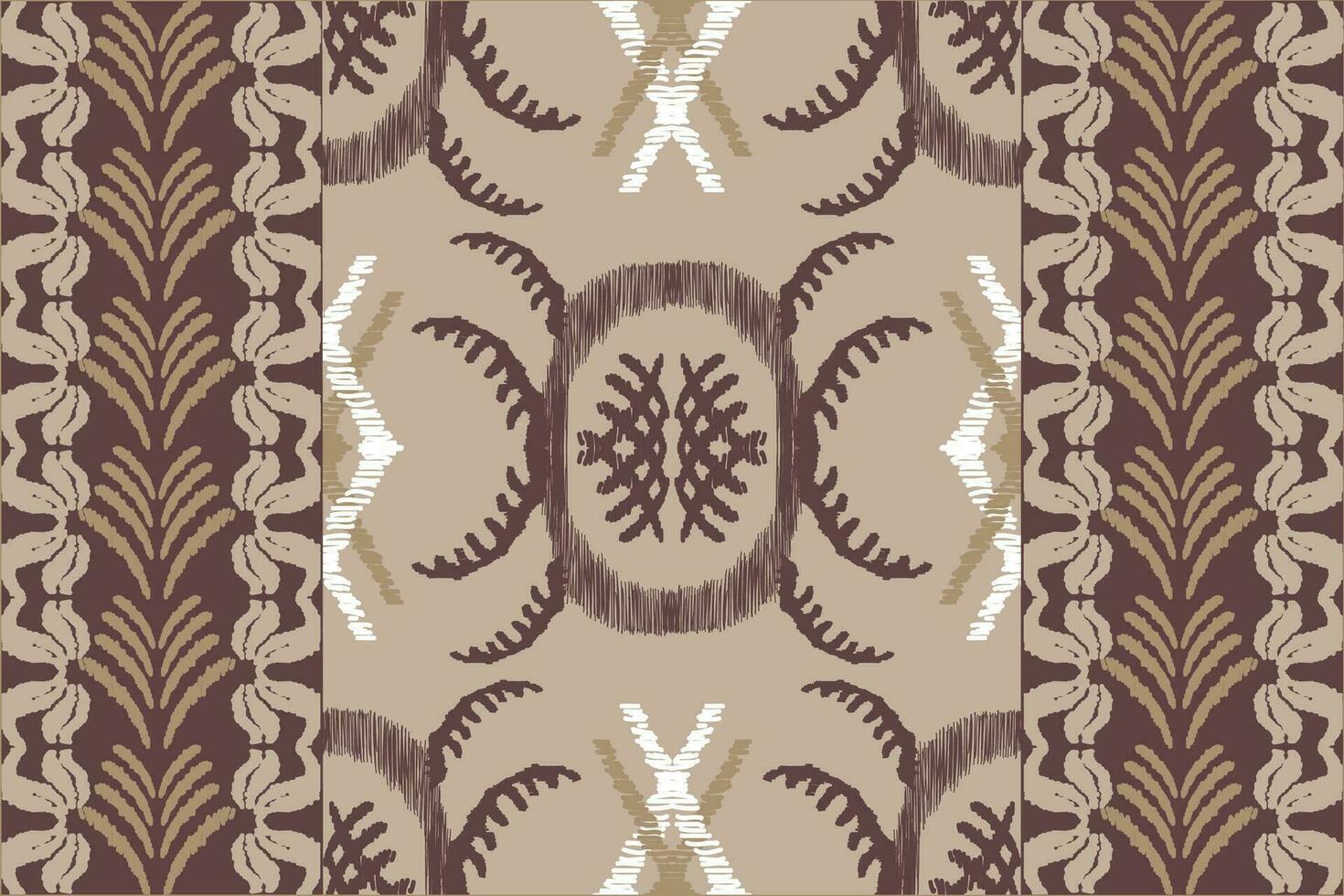 Ikat floral paisley embroidery on brown background. Traditional ethnic ikat, aztec abstract vector pattern, seamless pattern in tribal, folk embroidery and mexican style.